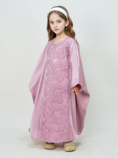 MK2727 Muslim Girl's Kaftan, Satin Solid Color Batwing Sleeve, Flower Beaded Abaya for All Seasons, Elegant Loose-Fitting Dress
