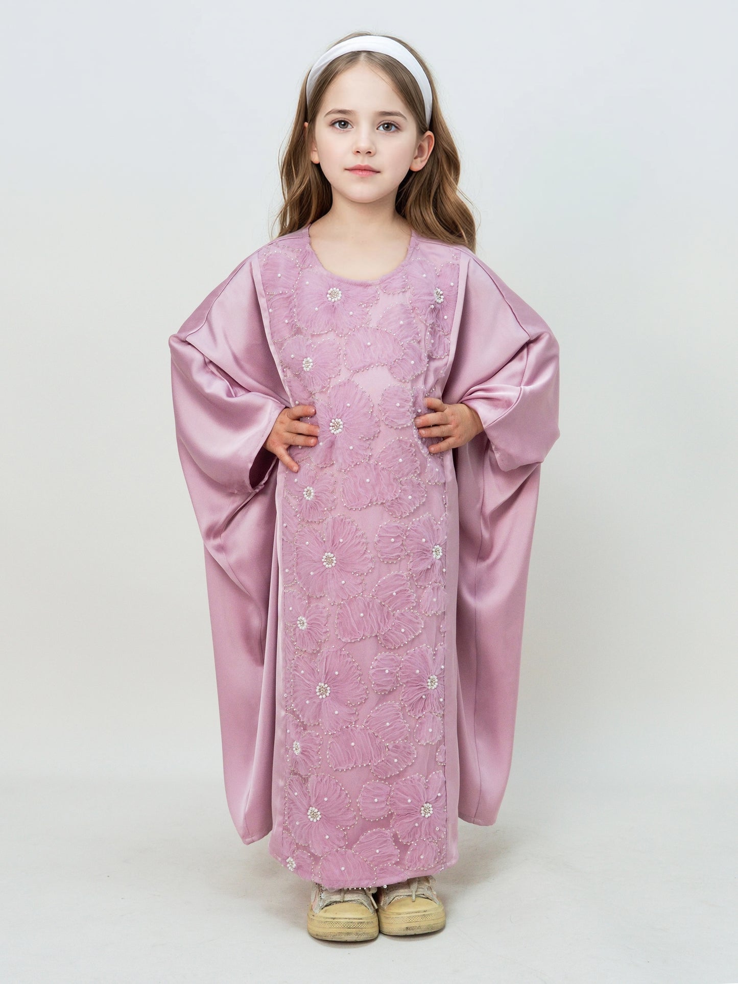 MK2727 Muslim Girl's Kaftan, Satin Solid Color Batwing Sleeve, Flower Beaded Abaya for All Seasons, Elegant Loose-Fitting Dress