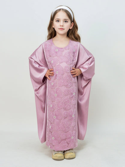 MK2727 Muslim Girl's Kaftan, Satin Solid Color Batwing Sleeve, Flower Beaded Abaya for All Seasons, Elegant Loose-Fitting Dress